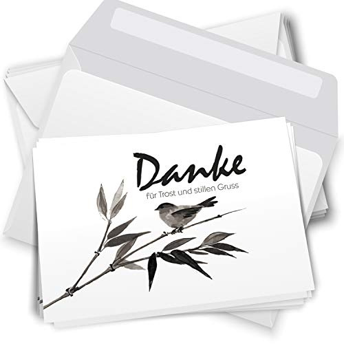 Trauer Danksagungskarten mit Umschlag | Motiv: Vogel auf Ast, 10 Stück | Dankeskarten Din A6 Set | Klappkarten-Trauerkarten Danksagung Danke sagen