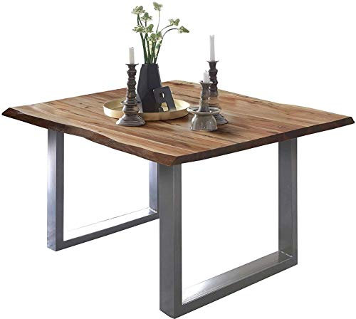 SAM Esszimmertisch 80x80 cm ULM, Baumkantentisch naturfarben, Akazienholz massiv, U-Gestell aus Metall Silber