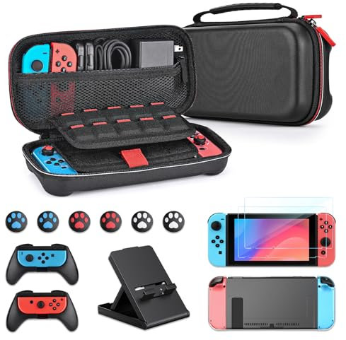 Younik Switch-Zubehör-Bundle, 15 in 1 Zubehör-Set mit Switch-Tragetasche inkl. 21 STK. Kartensteckplätze, Regelbar Ständer, 2 Bildschirmschutz, 2 Griffe & 2 TPU-Schutzhüllen für J-Con