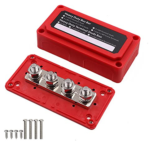 T Tocas Sammelschiene 12V-48V 300A Bus Bar Heavy Duty, 4x M10 Stromverteiler Busbar, DC Batterie Sammelschienen Klemmleisten 300 Amp für Kfz Solar PV Boot LKW Wohnmobil Marine, Rot | Marine Batterie Bussklemme 12-48V für Auto-Sonnenkabel