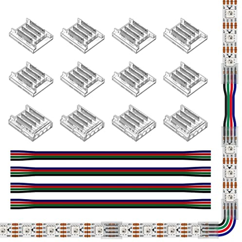 SEZO Conectores de Cinta LED para Kit 12 unidades SMD 4pines 10mm Transparente Sin Costura Tarjeta a Tarjeta/Tarjeta a Cable + 4 hilos de Extensión 22AWG de 15cm de Largo