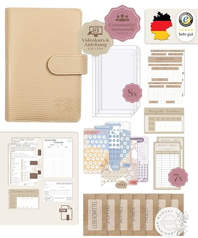 BeginnerBudget® Budget Planner Deutsch - Starterset mit Sparchallenge Budgetplaner - Sparen mit Umschlagmethode + Anleitung - Ringbuch A6 - Binder A6 Gecko-Style (Beige)