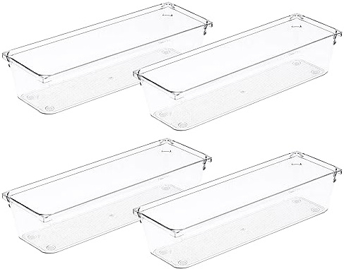 Amtido 4 Pack Drawer Organisers - Sturdy Clear Plastic - Versatile Storage for Kitchen, Bathroom, Utensils, Makeup, Office, and Desk Accessories (7.6cm x 22.9cm x 5.1cm)