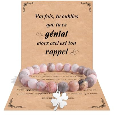 CheersLife Cadeau Femme - Cadeau Fille 7 8 9 10 11 12 ans,Cadeaux Anniversaire Femme, Cadeaux Noel Fille, Bracelet Pierre Naturelle Trèfle pour Maman Sœur Amie Collègues (Rose)