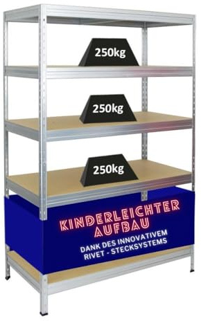 PROREGAL Étagère Charge Lourde Rivet | HxLxP 180x120x60cm | 250kg par Niveau | Système d'emboîtement innovant | Galvanisé | Étagère Robuste de Garage, Atelier, Cave, sous-Sol, Stockage, Rangement