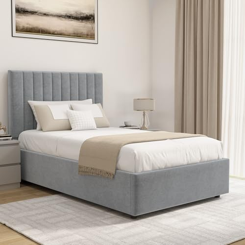 Upholstered Ottoman Bed Single Bed Frame UKFR Velvet Grey Ottoman Storage Bed with Gas Lift End Opening Wooden Slats with Storage Bed (3ft Single 90 x 190, No Mattress)