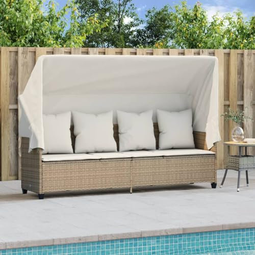 Faroom Loungebett Outdoor mit Liegefunktion,Balkonsofa 3 Sitzer mit Dach,Gartensofa Polyrattan,Gartenbett,Liegesofa,Relaxliege,Sonnenliege mit Dach Beige