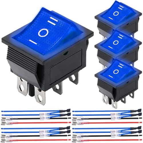 MKBKLLJY 4St. Wippschalter 6-polig 3 Positionen ON/Off/ON DC 12V 20A DPDT Blaues LED-Licht beleuchtetes Boot KCD4 Wippschalter KCD2-203N mit Überbrückungsklemme Drähte für Auto Boot
