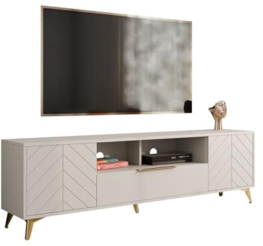 Mirjan24 TV-Lowboard Xylix 2D1SZ mit 2 Türen und Schublade, 2 Ablagefächer, geriffelte Fronten, goldene Griffe und Füße, Fernsehschrank, Fernsehtisch, TV Schrank TV Bank (Sandbeige)