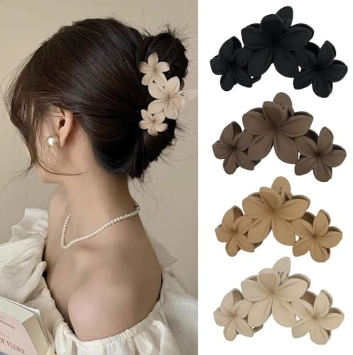 4PCS Flower Hair Claw Clips Non-Slip Matte Hair Clips for Women, Cute Hawaiian Hair Flower Clip Large Plumeria Hair Clip Strong Hold