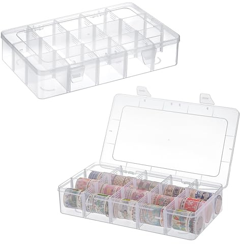 OGANAZI 2 Pack Plastic Bead Storage Boxes with 15 Compartments Clear Craft Boxes with Adjustable Dividers Organiser Boxes for Crafts, Screws, Jewelry, Washi Tape, Snack, Hair Accessories
