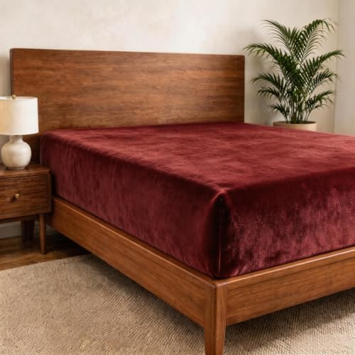 Cathay Home Twin Size Flannel Plush Fitted Sheet Only, Burgundy