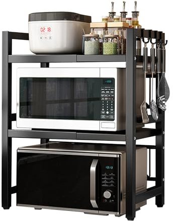 3-Tier Expandable Microwave Oven Rack, Height Adjustable Carbon Steel Expandable Microwave Shelf Stand with 6 Hooks, Kitchen Shelf Organizer for Pots Pans Rice Cooker Toaster (Black, 3-Tiers)