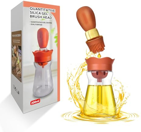 BENTFINE Botella dispensadora de aceite con cepillo de silicona, 200 ml, 2 en 1, dispensador de aceite de silicona para cocina, cocinar, freír, hornear, panqueques de barbacoa, naranja