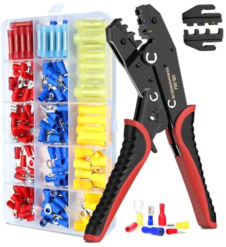 Crimpzange Kabelschuhe Set, Crimpzangen mit 2 Auswechselbare Backen für 0,5-6mm² Kabelschuh, 210 Stück Kabelschuhen und Schrumpfschlauch, Kabelschuhzange Set für Reparatur von Kabeln/Haushaltsgeräten