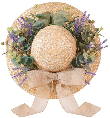 Dilicoming Frühlings-Eukalyptus-Kränze für Haustür, 40,6 cm, Sommer-Herbst-Strohhut-Kranz mit Schleife, Frauen-Geschenk, für Innen- und Außenbereich, Kränze für Wand, Fenster, Bauernhaus, Party