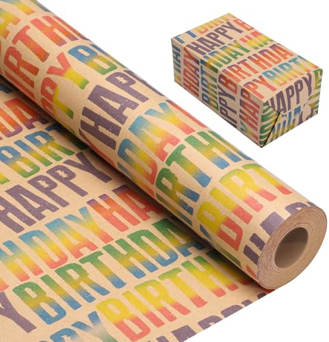 woric 25m x 43cm Birthday Wrapping Paper Roll, Colorful Happy Birthday Kraft Gift Wrapping Paper for Gift Wrap Men Women Girls Boys