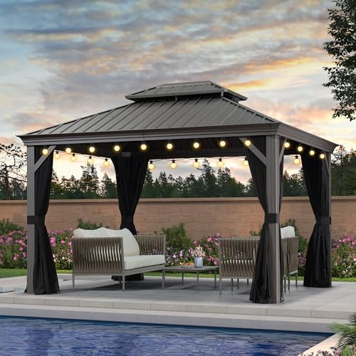 PURPLE LEAF Pavillon 3 x 3.65 m Wasserdicht Stabil Winterfest Gartenpavillon mit moskitonetz Hardtop pavillon mit 14.6 m 24 LED Licht, Hellgrau