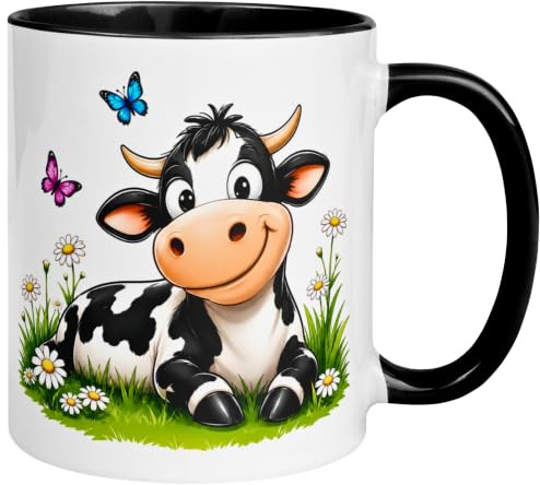 Kuh Geschenk Tasse | Kuh-Motiv auf Blumenwiese mit Schmetterlingen | Lustiger Kühe Becher | Kaffeetasse Tiermotiv | Geschenkidee Kinder Kids Mann Frau
