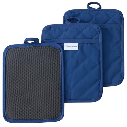 Camruntius Kitchen Pot Holders, 7x9, Rectangular with Pocket, Cotton and Neoprene Heat-Resistant Potholders for Cooking and Baking, Machine Washable, 3-Piece Set (Navy Blue)