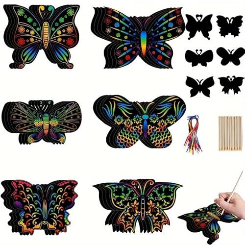 Cuniadwne 120 Stück Schmetterlings-Kratzkarten, Kratzkunst-Set, Kratzpapier-Kunsthandwerk, 6 Stile, Regenbogen-Frühlingskratz-Bastelarbeiten, Schmetterling, Partygeschenke mit 60 Bambus-Stiften, für