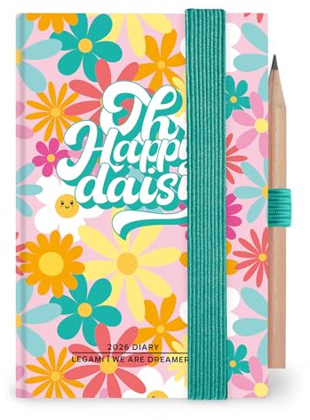 Legami - 2026 Mini 2026 Daisy, 12 månader, adressbok och penna ingår, elastisk stängning, dagbok från januari 2026 till december 2026, tillverkat av FSC-certifierat papper, 7 x 10 cm