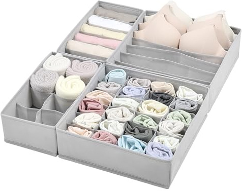 Vtopmart 4 Pack Underwear Drawer Organizers Set, 6+7+8+24 Cells Clothes Drawer Dividers Dresser Organizers Bins for Socks, Bras, Scarves, Ties, Non-Woven Fabric Storage Boxes for Closet, Nursery