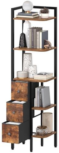 YATINEY Corner Shelf Stand, 5-Tier Corner Bookshelf with 3 Drawers, Industrial Display Shelf for Narrow Spaces, Wooden Small Bookcase, Easy Assembly, Rustic Brown and Black CJ10BR