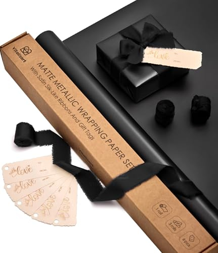 Vitalizart Carta da Regalo Metallizzata Nero 43 cm x 5 m con 3 Rotoli di Nastri Setosi Neri e 6 Etichette Regalo, Set di Carta da Regalo per Compleanno, Matrimonio, Baby Shower, Natale