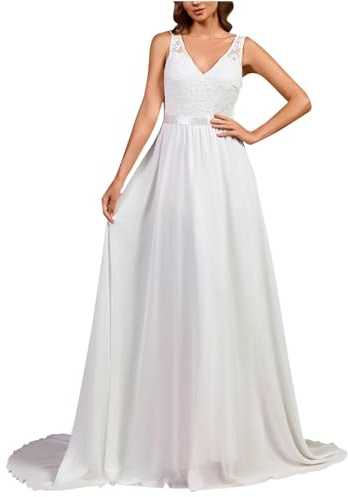 Elegant Ärmellos Chiffon Hochzeitskleid Weiß Rückenfrei Spitzennähte Brautkleider mit Schleppe Lang V-Ausschnitt Brautkleid Standesamt Kleid A Linien Hochzeitskleid Wedding Dress for Bride