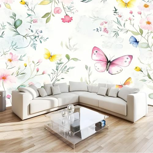 Bianco Carta Da Parati 3D Piante E Fiori In Stile Acquerello Poster Decorazione Da Muro Gigante Murale 200 X 140 Cm Per Soggiorno Camera De Letto Sala Ufficio