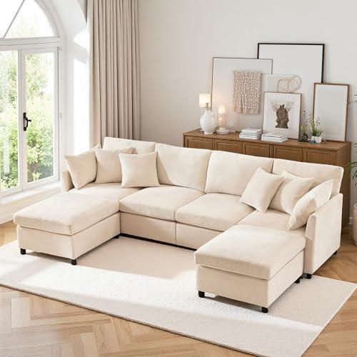 Lubvtti Sofá esquinero Moderno en Forma de U con reposapiés extraíble,sofá 4 plazas con cojín, sofá en U, Adecuado para casa, salón, apartamento, Chenilla, Beige