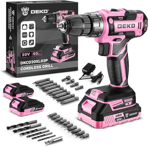 Kit Trapano a Batteria: DEKOPRO 20V Trapano Avvitatore a Batteria con 2 Batterie e Caricabatterie, 40 Nm, 2 Velocità e LED, Ideale per Progetti Domestici, Fai da te, Rosa