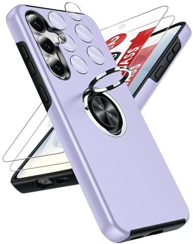 LeYi for Samsung Galaxy S25 FE Phone Case with 2 Screen, 2 Lens Protector | Invisible Metal Ring Stand Holder Shockproof Protective Mobile Cover for S25FE - Purple