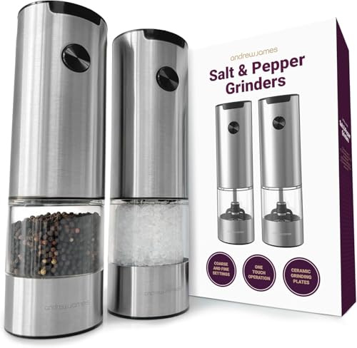 Andrew James Moulins à sel et poivre électriques en acier inoxydable avec distributeur lumineux et lames en céramique réglables Fonctionnement One Touch Alimentation par batterie 17,5 cm x 5 cm (acier