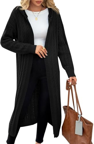 Fisoew Cardigan long à capuche pour femme - Manches longues - Manteau en tricot - Ouvert sur le devant, Noir , L