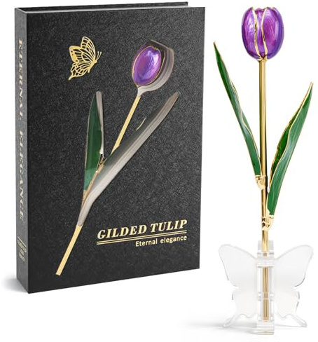Mikasol Real 24K Gold Dipped Tulip – Elegant Violet, Romantic Forever Flower Gift with Book-Style Box & Butterfly Stand, Perfect for Wife, Girlfriend, Anniversary, Mother’s Day