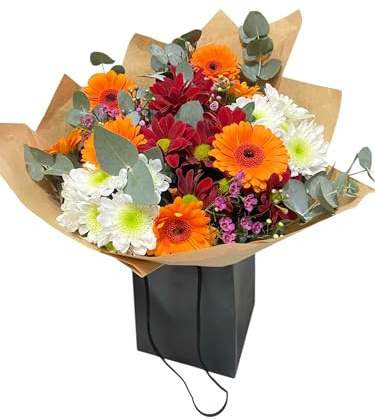 Sunset Glow Bouquet – Fresh Flowers Orange Gerberas and Red & White Chrysanthemums, Bright Floral Arrangement with Wax Flower Scent free next day delivery uk –