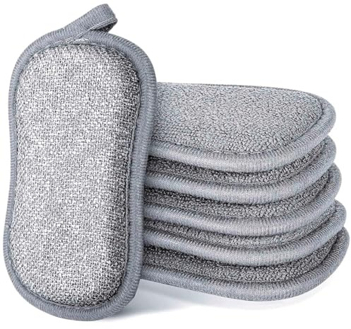 VOOSFSIE 6 Piezas Esponjas Cocina Estropajos de Limpieza, Esponja y Estropajo de Microfibra de Dos Caras no Raya para Fregar los Alimentos sucios o quemados Rebeldes en ollas, Platos