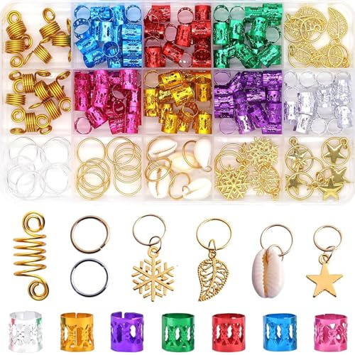 Glamoreal 190 piezas de accesorios coloridos para el cabello para mujer, para trenzas, dreadlocks y locs, pinzas metálicas multicolor, gomas ajustables, espirales, clips, anillos y cuentas para