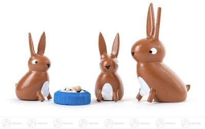 Rudolphs Schatzkiste Osterdeko Miniatur Hasenfamilie, 4-teilig – Holzfiguren – Ostern - Frühjahr - Höhe ca. 4 cm – Handarbeit Erzgebirge - NEU