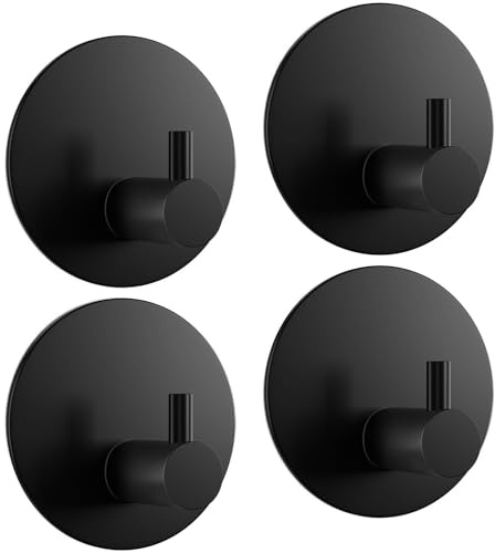 Aikzik Self Adhesive Hooks 4 Pack, Sticky Hooks Heavy Duty Stainless Steel - Over 8kg Load, Hooks for Hanging Towel, Coat, Robe, Key, Stick on Bathroom, Kitchen, Door or on Wall - Black