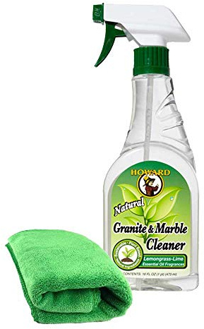Howard Granite and Marble Cleaner for Quartz Countertops, Streak-Free Stone Polish with pH Balanced Non-Acidic Formula, Lemongrass Lime Scent plus Microfibre Cloth, 473ml