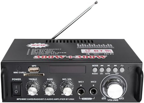 Amplificador Estéreo HiFi Bluetooth PROZOR Amplificador Bluetooth Audio 300W + 300W Mini Estéreo Hi-Fi Amp Receptor de Audio Inalámbrico para el Hogar del Automóvil Música SD USB FM