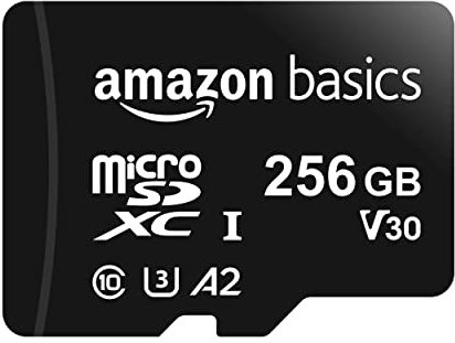 Amazon Basics MicroSDXC, 256 GB, with SD Adapter, A2, U3, read speed up to 100 MB/s, Black