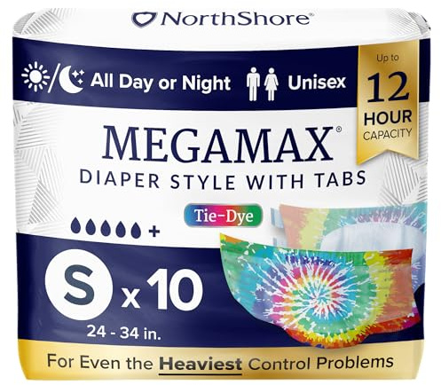 NorthShore MegaMax Adult Overnight Diapers, 12-Hour Tab-Style, Small, 10 Count Bag, Tie-Dye, 24-34 inches, Unisex Incontinence Underwear