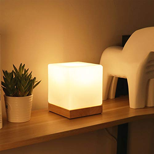 ChaoZan Lampada da Tavolo a Cubo a Led Luce Notturna con E27 Base in Legno Lampada da Comodino moderna bianca Con interruttore per Camera da Letto Soggiorno Ufficio Casa Scuola Materna Baby Room