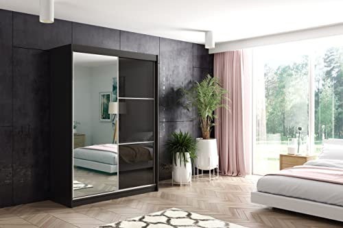 ALTDECOR Kleiderschrank mit Spiegel und Schiebetüren, kugelgelagerte Führungsschienen und Aluminium-Leisten, LED-Beleuchtung (weiß + 16 Farben) und Fernbedienung - VIVI - 120 cm Schwarz