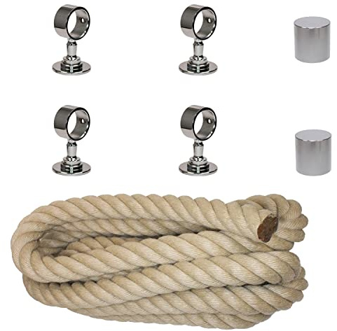 Handlaufseil-Set Ø 30 mm – 4 m Polyhanf-Seil „Nature Touch“ naturfarben mit 2 Endkappen & 4 Seilträger, verchromt | Treppe & Geländer