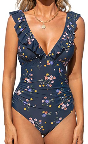 CUPSHE One Piece Swimsuit for Women Deep V Neck Ruffle Tummy Control Back Tie Bathing Suits